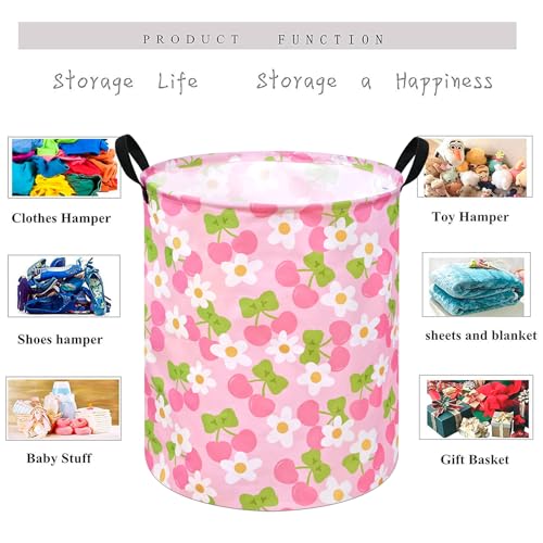 KUNRO Kids Laundry Hamper Clothes Gift Basket Storage Laundry Baskets Organizer Bin with Handles for Nursery Room (Pink Cherry) - color: Cherry