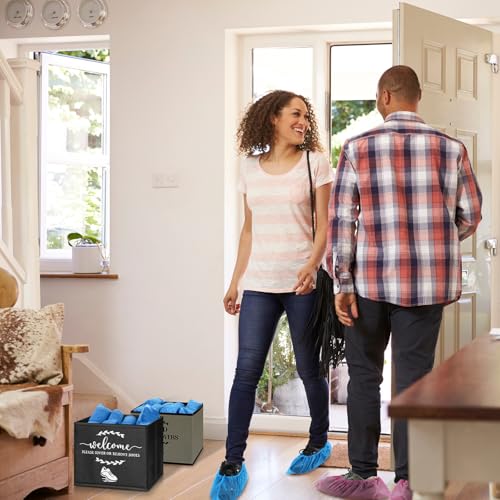 2 Pcs Shoe Cover Boxes Dispenser Foldable Storage Bins, Used Shoe Covers and Welcome Please or Remove Sign Entryway Basket Holder for Open House Supplies(Dark Gray, Black) - color: Dark Gray, Black