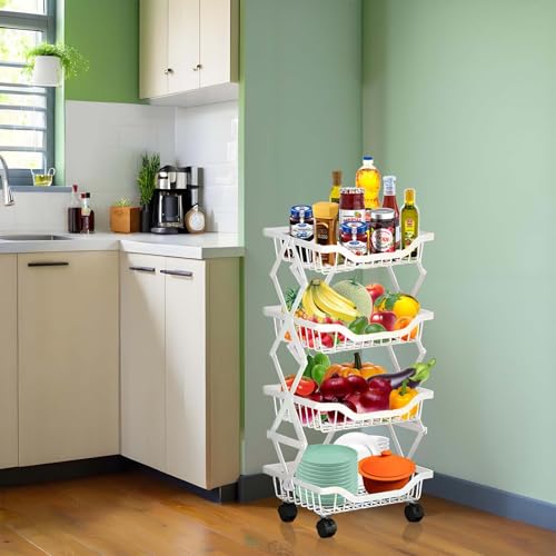 Rolling Rack Storage Cart, Foldable Metal Organizer with casters, Multi-Level Shelf for Kitchen, Office, Laundry, White 4-Tier 14.17" L x 10.71" W x 29.5" H - color: White, size: 4 Tier