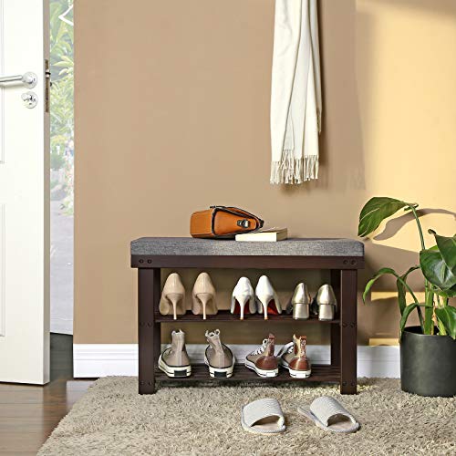 SONGMICS Bamboo Shoe Bench, 3-Tier Shoe Rack Organizer for Entryway, Living Room, Bench Seat Holds Up to 300 lb, 11.9 x 28.3 x 19.2 Inches, Rustic Walnut and Slate Gray ULBS604CG - color: Rustic Walnut + Slate Gray, size: 28.3"W