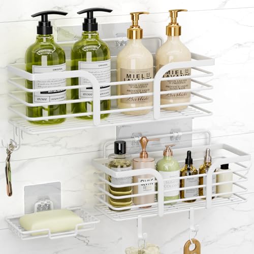 Yougai Shower Caddy, Shower Organizer with Soap Holder and Hooks, Rustproof Shower Shelves, No Drilling Bathroom Organizers and Storage, Wall-Mounted Kitchen & Home Decor (White) - color: White