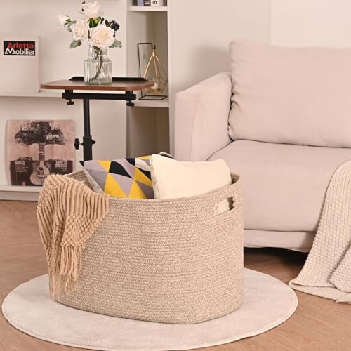 ICERZCZ Large Storage Basket for Organizing, Blanket Basket for Living Room, Large Toy Baskets for Storage, Woven Cotton Rope Baskets for Blankets, Clothes, Shoes, Brown, 25”x16”x16” (105L) - color: Brown, size: 25”x16”x16”