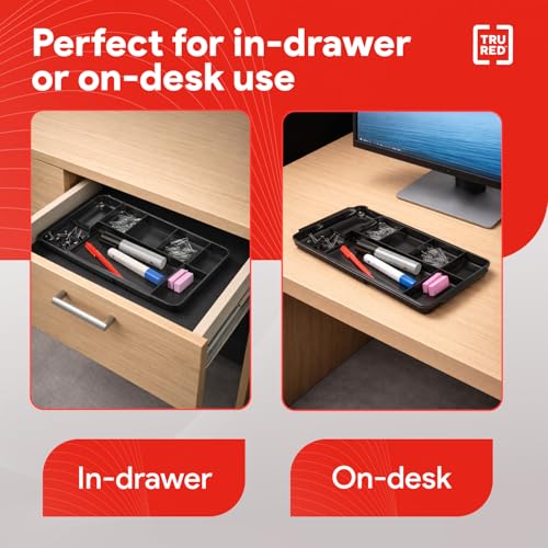 TRU RED Expandable Plastic Drawer Organizer, 7‑Compartment, Black – Adjustable Desk & Drawer Storage for Office Supplies