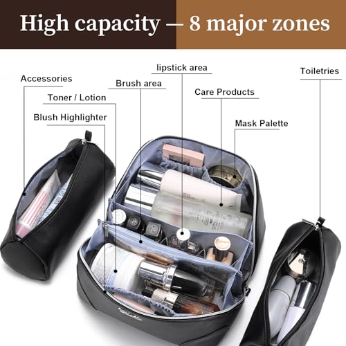 BOYATU Travel Makeup Bag Cosmetic Bags for Women: 3 Pcs Set Large Capacity Make up Bag with Handle - Waterproof Vegan Leather Toiletry Bags Travel Essentials with Compartments(C-2-Black) - color: C-2-Black