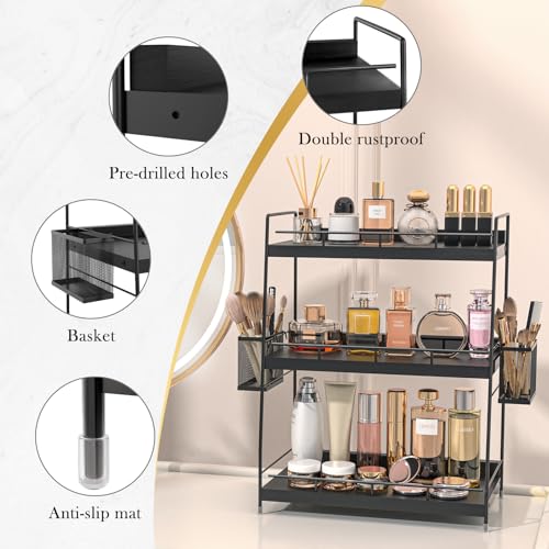 Bathroom Counter Organizer,Bathroom Countertop Organizer with Baskets,Vanity Organizers,Counter Shelf,Countertop Storage, Makeup Organizers(Black) - color: Black