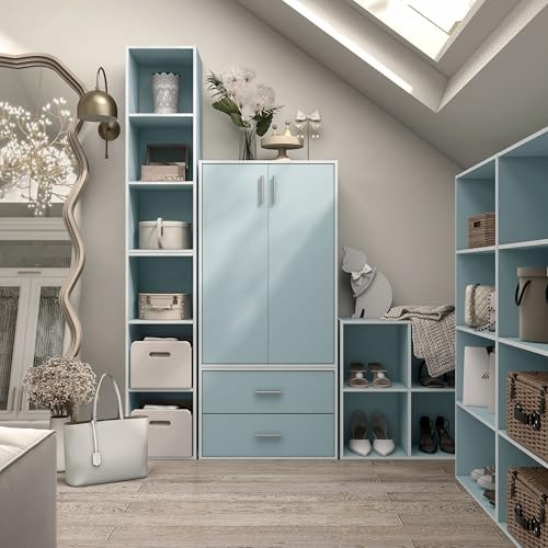 Homes: Inside + Out Apexa 3-Tier Stackable Wood Bookcase with Doors, Cube Storage Organizer Shelves, Small Food Pantry Cabinet, Dorm Teen Room Decor & Bedroom, Home Office, Kitchen, Light Blue - color: Light Blue, size: 3-Tier