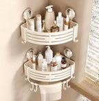 VOLPONE Corner Shower Caddy Suction Cup Shower Shelf Corner No Drilling Bathroom Shower Organizer Storage Rack Adhesive with Towel Bar Hooks(2-Pack, Ivory) - style: Suction cup triangle with towel bar hooks 2 tier ivory