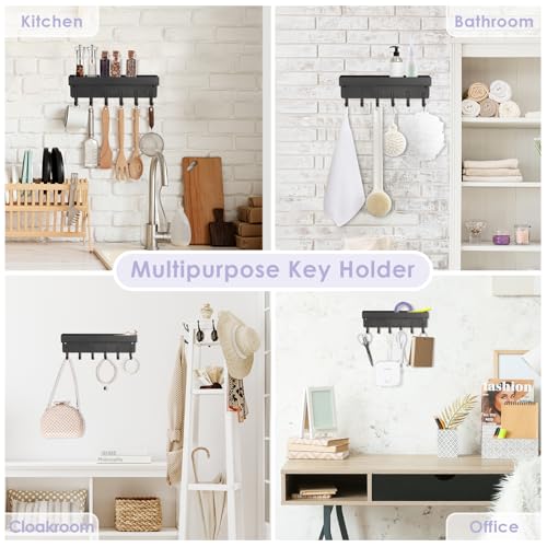 VIS'V Key Holder Wall Mount, Compact Adhesive Key Rack with Tray, 6 Hooks, 2 Mount Options, Black - color: Black