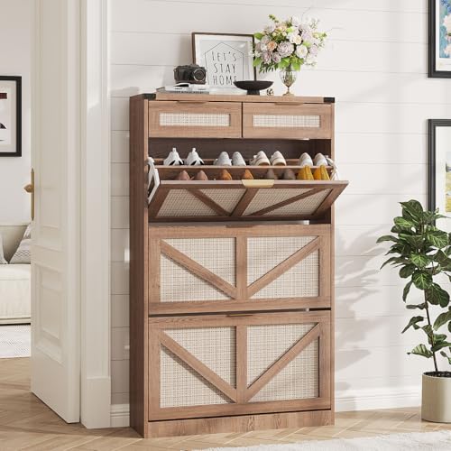 Halitaa Shoe Cabinet with 3 Flip Drawers & 2 Drawers,Freestanding Shoe Storage Cabinet for Entryway,Farmhouse Narrow Slim Organizer Rack for Foyer,Hallway,Rustic Oak Rattan - color: Rustic Oak Rattan, style: 3-Drawers