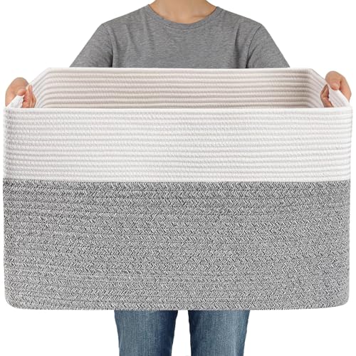 JMvicyroam Woven Blanket Basket,65L Large Storage Bin for Blankets Toys Clothes,Decorative Rope Basket for Living Room Bedroom with Handles, White&Grey - color: White&Grey, size: 65L