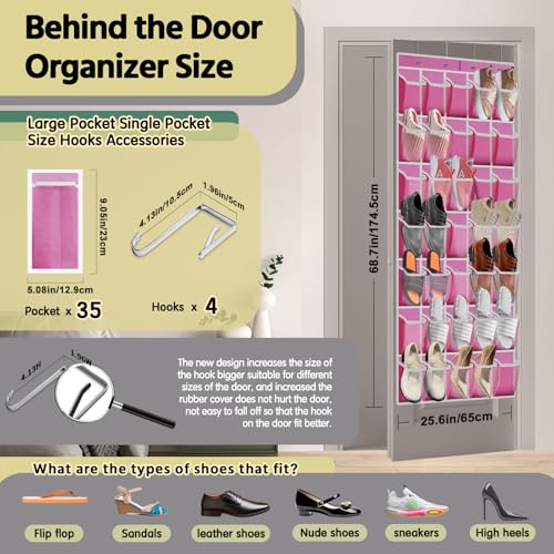 PAULONE 35 Pocket Over the Door Shoe Organizer,Reusable Breathable Large Mesh Bag Men's & Women's Sneaker Organizer,Shoe Organizer for Kids,Hanging Shoe Storage Hanging Bag (Pink) - color: Pink