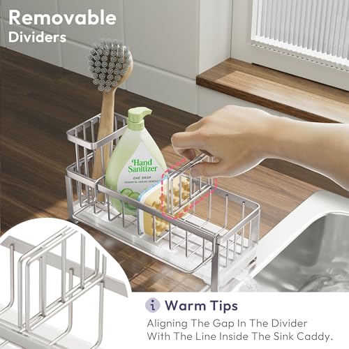 SWTYMIKI Sponge Holder for Kitchen Sink - Sink Caddy with Brush Holder Self-draining Sponge Caddy Organizer with Divider Stainless Steel Kitchen Accessories Storage for Countertop, Sand Nickel - color: Sand Nickel