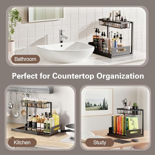 VUSIGN Under Kitchen Sink Organizer, 2 Tier Metal Slide out Sink Shelf Pull out Cabinet Organizer Drawers for Bathroom Kitchen Laundry, 2 Pack, Black - color: Black-2PCS