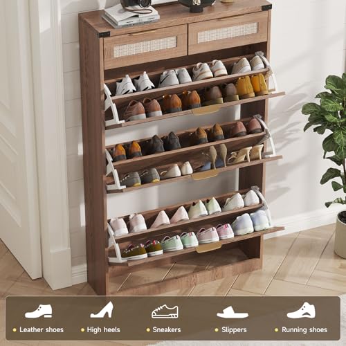 Halitaa Shoe Cabinet with 3 Flip Drawers & 2 Drawers,Freestanding Shoe Storage Cabinet for Entryway,Farmhouse Narrow Slim Organizer Rack for Foyer,Hallway,Rustic Oak Rattan - color: Rustic Oak Rattan, style: 3-Drawers