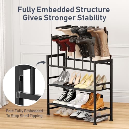 DIMJ Boot Rack 4-Tier - Black Metal Boot Storage Rack for Tall Boots Organizer Tall Boots, Multiuse Shoe Rack for Boots, Sneakers, High-Heel, Entryway, Fits 6 Pairs - size: 4 Tier - 6 Pairs