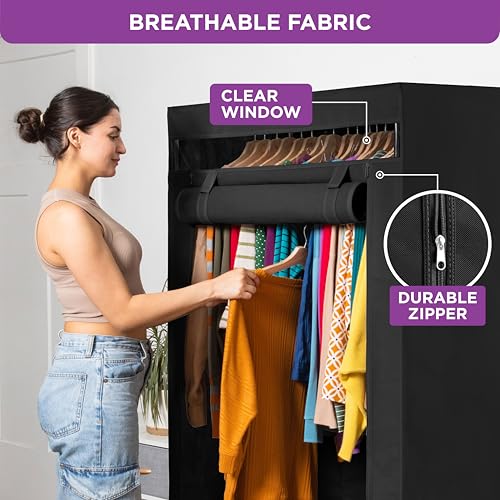 HOLDN’ STORAGE Portable Wardrobe Closet - 50 lb Capacity, Internal Heavy Duty Metal Rod, Zipper & Clear Window, Durable Clothes Organizer, Tool-Free Easy Assembly, Black Canvas Cover - color: Black, size: Medium