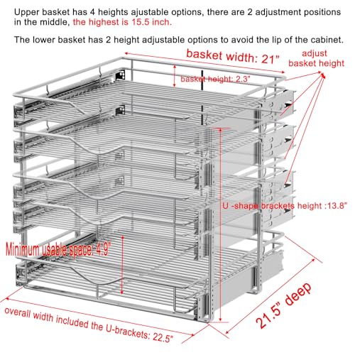 DINDON Pull Out Cabinet Organizer (22-1/2" W x 21-1/2"D), Cabinet Pull Out Shelves, 2 Tier Pull Out Drawers for Kitchen Cabinets, Wire Basket Slide Out Shelf, Pot and Pan Organizer - size: 22-1/2“ W X 21-1/2"D