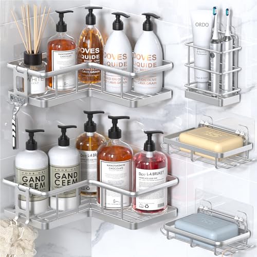 YASONIC Corner Shower Caddy Organizer, 5-Pack Self-Adhesive Rustproof Bath Shelves with Soap Holder & 4 Hooks, Large Capacity Shower Storage Rack for Bathroom Organization, Silver - color: Silver, size: 5Pack