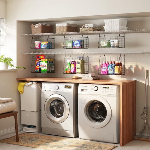 4-Pack Hanging Laundry Room Organizer：Foldable Laundry Room Organizaton Wire Basket with 360°Rotating Hooks Space Saving Over Washer and Dryer Shelves - Metal Laundry Basket Storage, Black Patent - size: 4-Pack 13.9*11*46inch