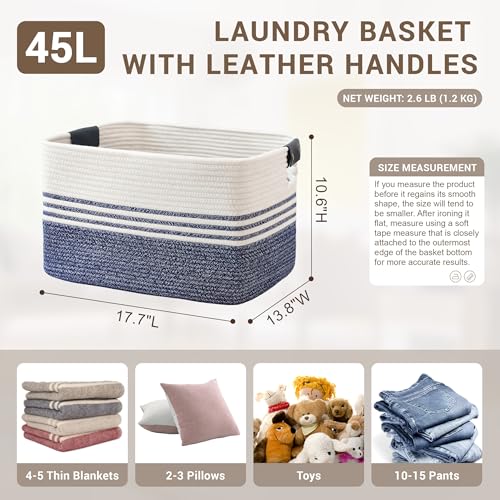 45L Small Laundry Basket with Leather Handles for Living Room Storage, Woven Rope Baskets Bin for Blanket, Kids Toy, Gifts, Wicker Hamper for Bedroom Dirty Clothes, 18"x14"x11" Denim Blue - color: Denim Blue, size: 45L