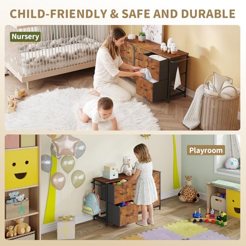 Fabric Dresser for Bedroom, Small Dressers for Kids Bedroom, 7 Drawers Dresser for Closet, Storage Organizer Chest of Drawers for Nursery, Dorm, Apartment, TV Stand, Wood Top, Side Hook (Rustic Brown) - color: Rustic Brown, size: 11.8"D x 39.4"W x 21.7"H