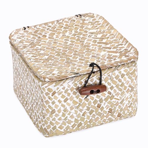 Hipiwe Handwoven Seagrass Basket Decorative Shelf Basket with Lid Mini Wicker Storage Box for Key Hair Ties, Whitewash 4.7" x 4.7" x 3" - color: Whitewash color, size: 4.7" x 4.7" x 3"