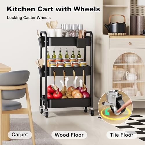 3 Tier Rolling Cart Metal with Wheels, Black Three Tiered Art Cart Organizer on Wheels, Storage Utility Trolley Carts for Kithcen, Craft, Nail, Lash, Makeup, Salon,Bedside, Bathroom, Office, Snack - color: Matte Black, size: 3-Tier + Cups + Hooks