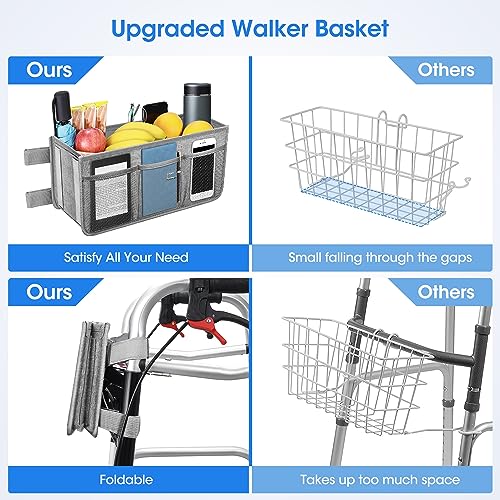 Dotday Upgraded Walker Basket with Cup Holder, Foldable Walker Bag with Large Capacity & Never Tipping Over, Not Fit for Rollator - Grey - color: Grey