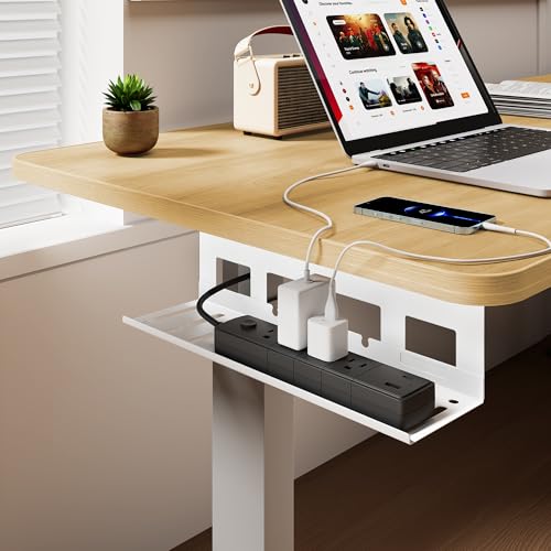 PEGZONE Under Desk Cable Management Tray, 15.7 Inches Metal Cord Organizer Rack, Desk Tray for Power Strip, Cord, Wire, Easy Mounting Cable Management Under Table for Home Office, White - color: White, size: 15.7"