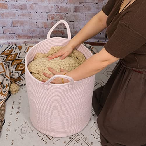 XUANGUO Cotton Rope Laundry Basket Hamper for Girls Kids Baby Nursery Hamper Bin Woven Storage Basket for Living Room Girls room Boho Tall Rope Baskets for Blanket Toys Large light pink - color: pink, size: Regular