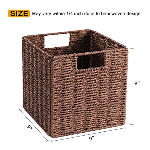 Vagusicc Wicker Storage Basket, Set of 2 Hand-Woven Storage Baskets for Shelves, Foldable Cube Storage Baskets Bins with Handles, 9 inch Small Wicker Baskets for Organizing Pantry Bedroom, Brown - color: Brown, size: 9'' x 9'' x 9''