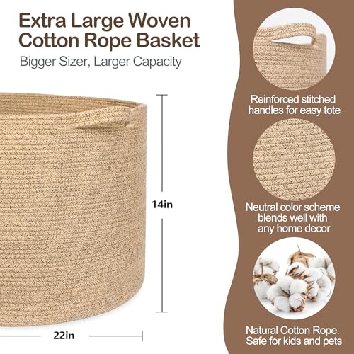 MEGASKET Large Wicker Storage Basket, 22” X 22” X 14” Woven Cotton Rope Basket, Kids Dog Toy Bin Organizer, Blanket Pillow Holder for Living Room, Brown Variegated Wicker Baskets for Organizing - color: Brown Variegated, size: 22"x22"x14"