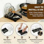 Adjustable Pot Lid Holder with Drip Tray, 2 in 1 Pot Lid Organizer & Spoon Rest, Stainless Steel Lid Holder for Countertop & Cabinet While Cooking, Space Saving Kitchen Pot Cover Rack, Easy Clean