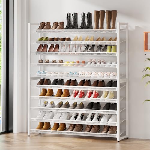 Metal Shoe Rack,Large 10 Tier Shoe Organizer, Heavy Duty Metal Stackable Shoe Storage Vertical Shoe Rack for Closet Front Door Entrance,Entryway,GarageUp to 62 Pairs,White - color: White, size: 10 Tier