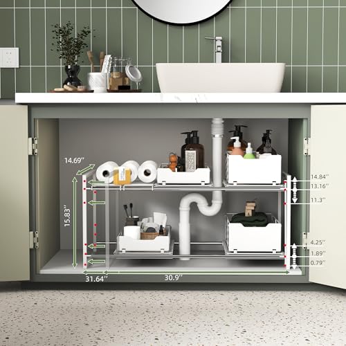 NETEL NETELAdjustable Under Sink Organizers and Storage, 2 Tier Expandable Pull Out Under Sink Organizers and Storage, 4 Pull-Out Metal Baskets, (21.5-31.64)" W X 14.69" D X 15.83" H - size: 4 pull out baskets(White)
