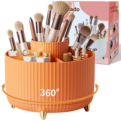 fanado 360° Rotate Makeup Brush Holder Organizer, Makeup Organizers Countertop, Makeup organization and Skincare Storage for Vanity, Desktop, Bathroom (Orange) - color: Orange