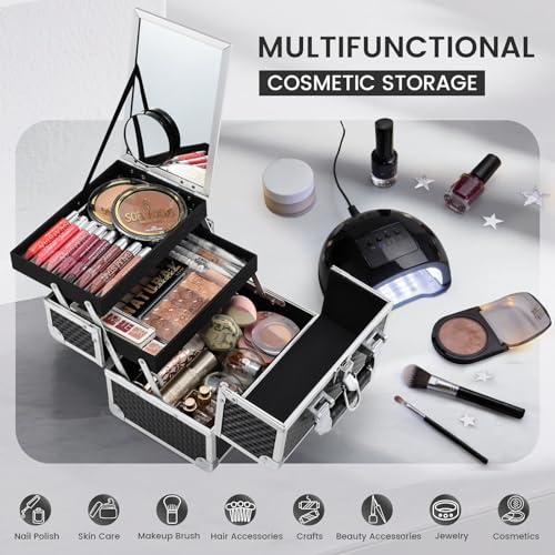 Joligrace Makeup Box Cosmetic Train Case Portable Makeup Organizer Case with Mirror 2 Tray Make up Storage Case for Nail Teach Craft Sewing Travel Vanity Modern Style Black - color: Black