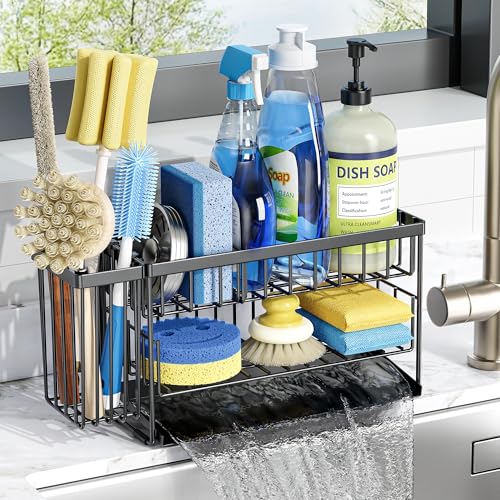Cisily 2-Tier Kitchen Sink Caddy Organzier Rack with Flexible Dish Brush Holder, Sponge Holder for Kitchen Sink Countertop Organization Storage,Home Decor Accessories Essentials Stainless Steel - color: Black