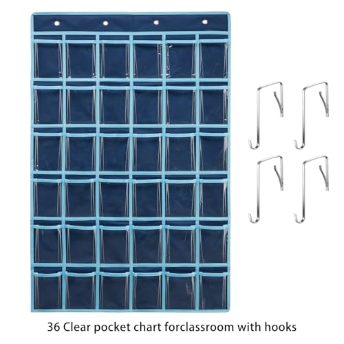 SAVERHO 36 Clear Pockets Classroom Pocket Chart for Cell Phone and Calculator Holder, Door Hanging Pocket Chart for Classroom Phone Holder with Number Sticker and Hooks (Blue) - color: Blue-1pack of 36pockets