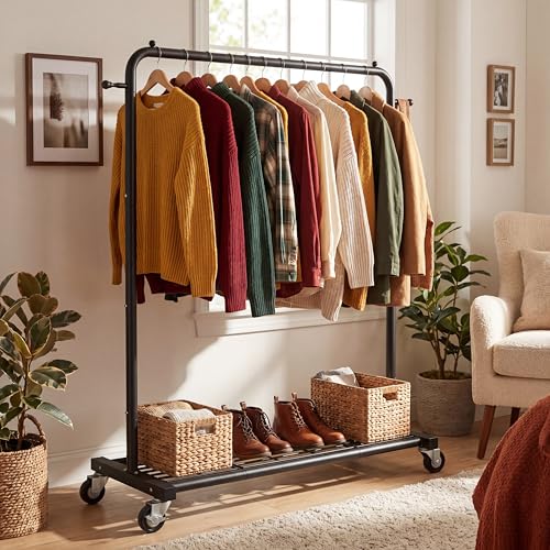 Sywhitta Clothing Rack on Wheels with Mesh Storage Shelf & Sturdy Metal Frame, Rolling Garment Rack for Hanging Clothes, Coats, Skirts, 39.76" L x 16" W x 64.56" H,Black - color: Black