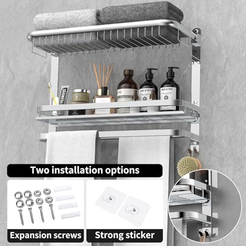 CAXIMSY Foldable 23.22 Inch Rowel Rack Wall Mounted with Bathroom Shower Shelves Stainless Steel Towel Bar Without Drilling and Screw Installation (Silvery) - color: Silvery