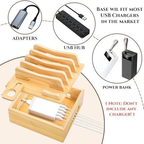 Bamboo Charging Station for Multi Devices, Small Desktop Docking Stand, Cell Phone Docking Station Charger Organizer for Tablets, Smart Watch (No USB Charger No Charging Cables)