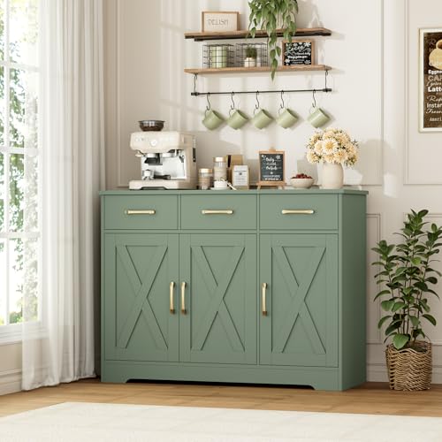 HOSTACK Modern Farmhouse Buffet Sideboard Cabinet, Barn Doors Storage Cabinet with Drawers and Shelves, Wood Coffee Bar with Storage for Dining Room, Kitchen, Living Room, Green - color: Green