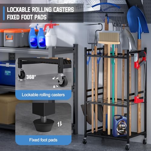 DAOUTIME Garden Organizer With Wheels, Yard Tower Rack for Garage Storage, Up to 35 Long-Handled Tools, Sturdy Metal Steel Holder With 3 Hooks, Outdoor, Black - size: 3 Tier