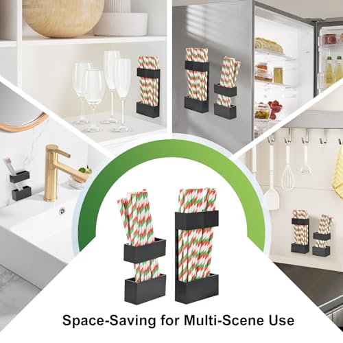 2 PACK Acrylic Straw Holder for Cabinet Doors, Reusable Straw Organizer with Ultra-Sticky Adhesive, Small Kitchen Accessories Container, Fits Both Short & Long Straws(Black) - color: Black