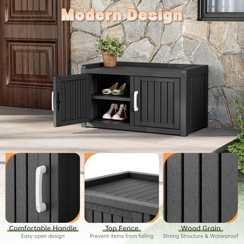 KAMABOKO Outdoor Shoe Storage Cabinet, Waterproof UV-Resistant Entryway Storage Bench Indoor Outdoor with 2 Barn Doors, Adjustable Shelves for Entryway, Bedroom, Hallway,Living Room(Jet Black) - color: Jet Black, size: Double Door