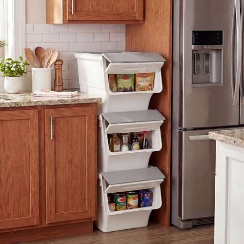 Giantex Plastic Stackable Storage Bins with Lids & Wheels, 3 Pack Open Front Stacking Bins, Organizer Bins for Pantry, Kitchen, Laundry, Closet, Playroom, Bedroom Organization (35 QT) - color: White + Gray, size: 3 Pack, 35 QT