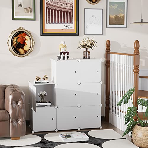 C&AHOME Cube Storage Organizer with Doors, 8-Cube Shelf, Closet Cabinet, DIY Plastic Modular Bookshelf, Storage Shelves Ideal for Bedroom,Living Room,24.8" L × 12.4" W × 48.4" H Milky UGSHS3008M - color: Milky
