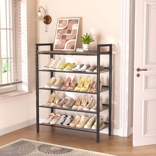 WIN4ALL Shoe Rack for Front Door Entrance, 5 Tier Shoe Rack for Entryway, 16-20 Pairs of Shoes, Metal Shoe Rack Organizer, Free Standing Shoe Rack for Closet (Black+Rustic Brown) - size: 5 Tier (11.81"D x 29.33"W x 38.18"H)