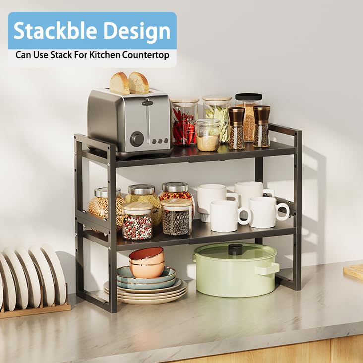 2 Pack Expandable Kitchen Cabinet Shelves Organizer,Heavy Duty Metal Shelving Units and Storage,Stackable Adjustable Kitchen Storage Organization Shelves Rack for Counter Cupboard Pantry,Length:20.5" - size: 2 Tier: 8.3"D x 20.5"W x 15.8"H